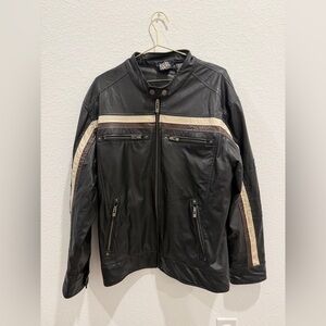 Double Zero faux Leather black beige moto men’s jacket coat two tone stripe